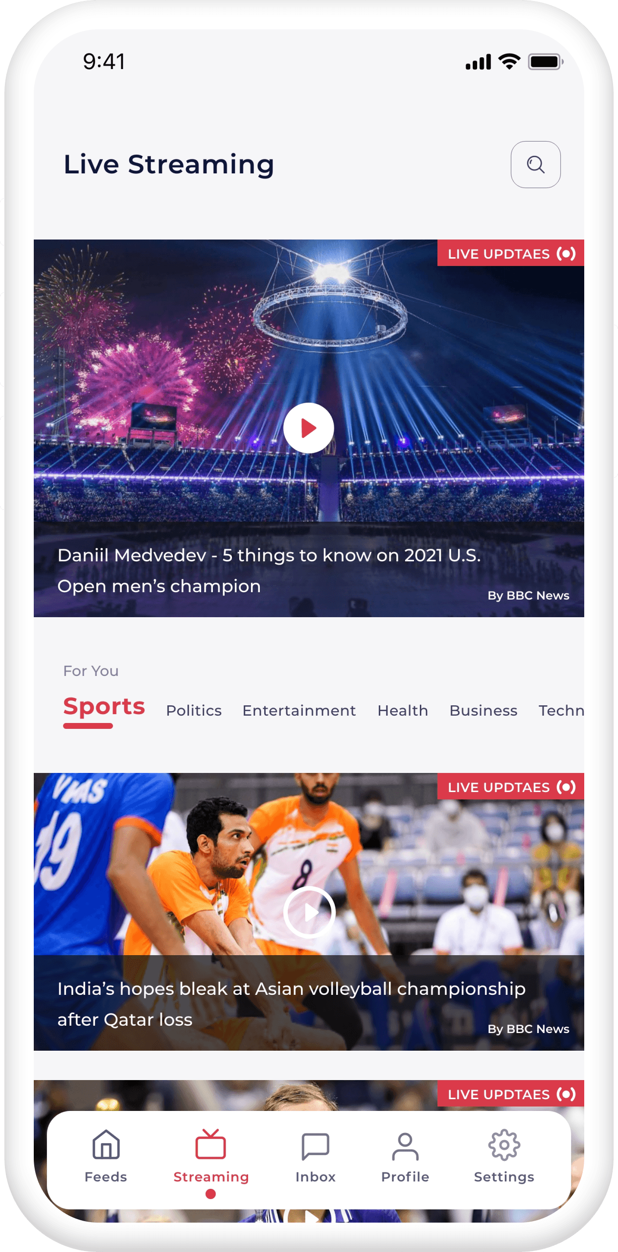 Union News app — live news streaming screen