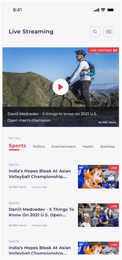 Live News Streaming — app mockup showing streaming interface