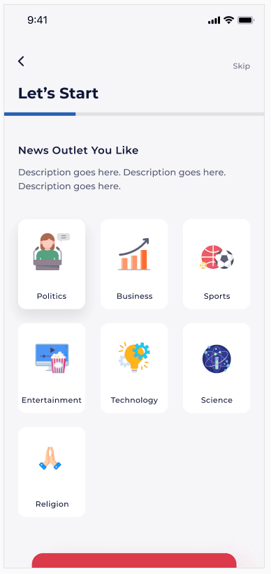 SELECT INTERESTS — app screen